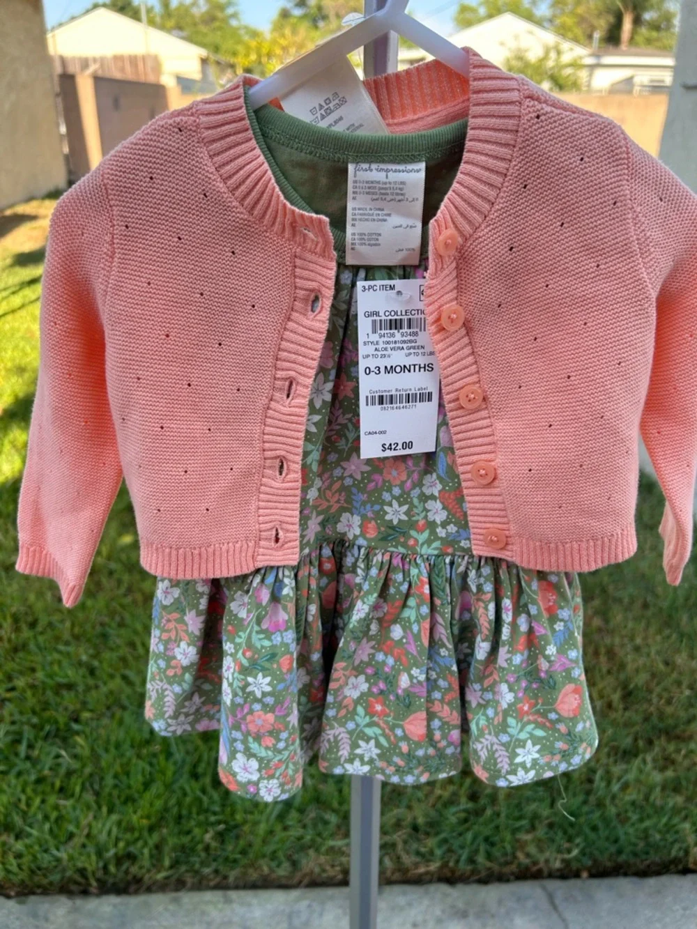 First Impressions Pink Cardigan with Green Floral Dress Set
